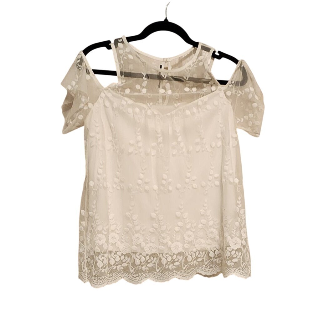 5 for $20 Cynthia Rowley Cold‎ Shoulder Blouse M White Floral Embroidered Mesh